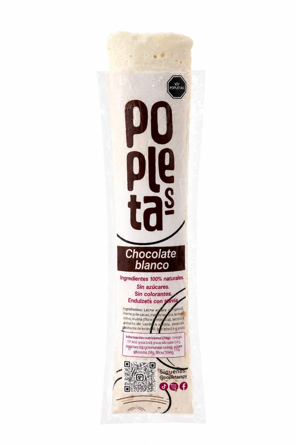 Paleta Popletas sabor Chocolate Blanco en su empaque individual sobre fondo blanco, hecha en Cúcuta