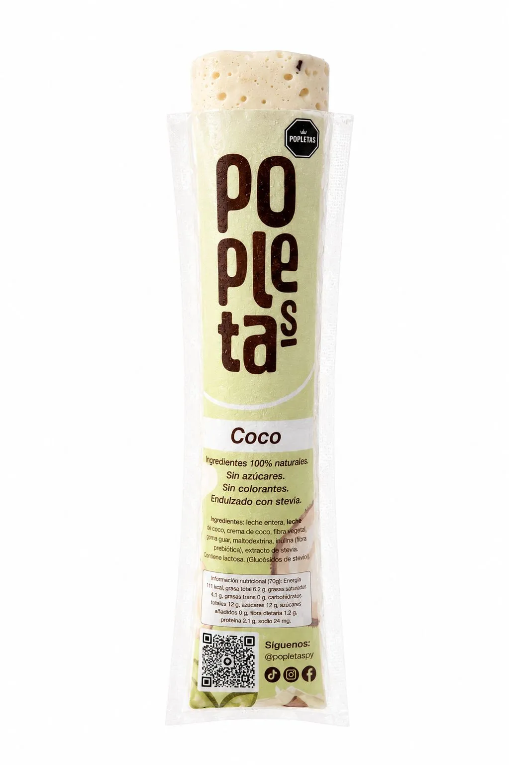 Paleta Popletas sabor Coco en su empaque individual sobre fondo blanco, hecha en Cúcuta