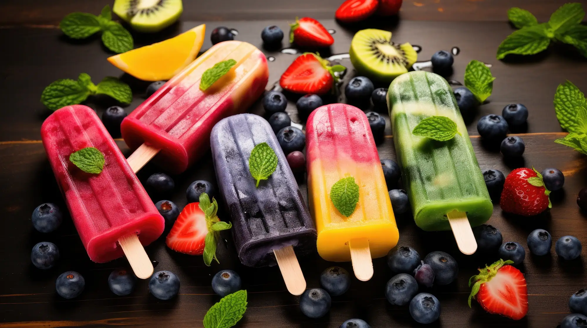 Paletas de fruta de colores con fresas, kiwi, arándanos y hierbabuena sobre madera oscura